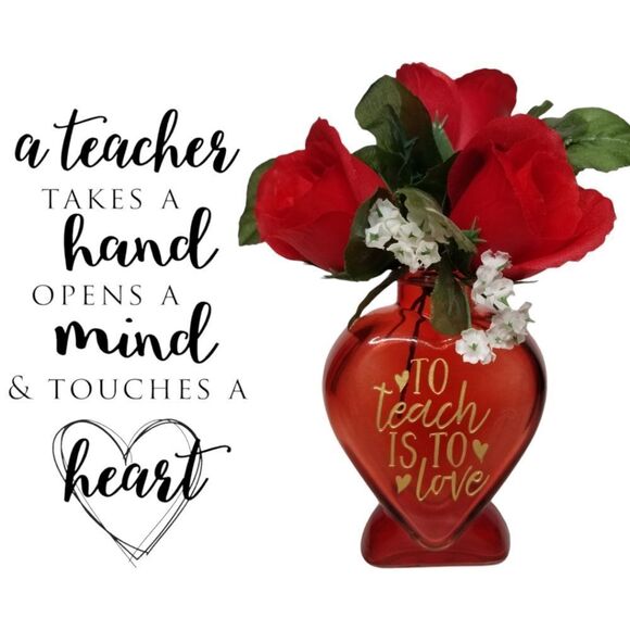 Heart‎ Shaped Red Glass Bud Vase To Teach Is To Love Teacher Valentine 5" - Picture 9 of 10